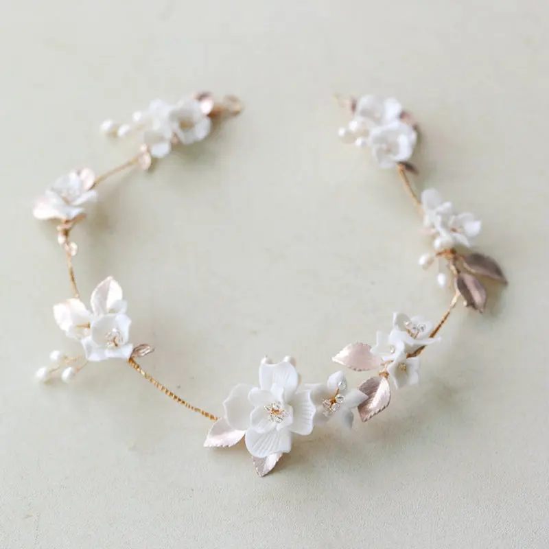 

Handmade Ceramic Flower Bridal Headband Gold Color Leaf Hair band Vine Pearl Crown Wedding accessories Women Headpiece Jewelry