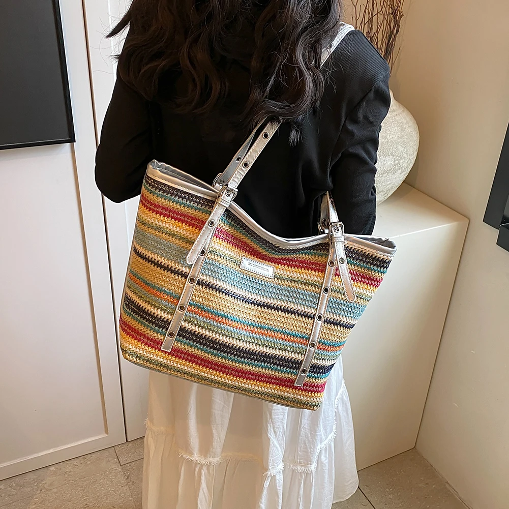 Large Capacity Straw Tote Handbag Woven Bag for Women Beach Vacation Shoulder Bag Shopper Tote Basket Causal Commuting Tote Bag