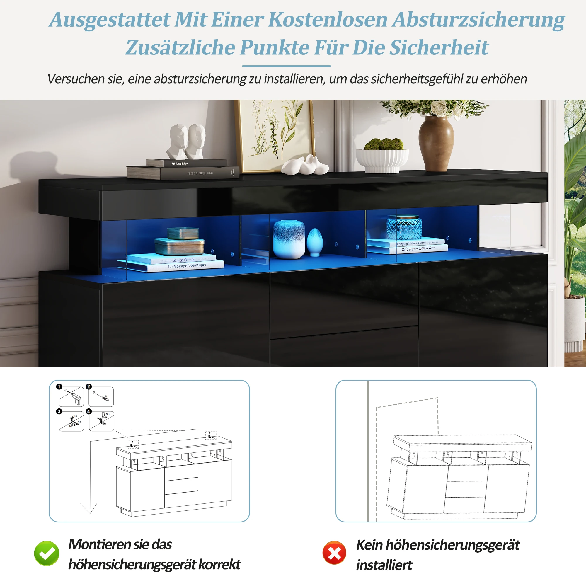 140 x 35 x 80 cm großes modernes Sideboard, Hochglanz-Sideboard, Kaffeebar, Acryl-Sideboard mit LED-Lichtleisten, geeignet für den Essbereich – Detail 9