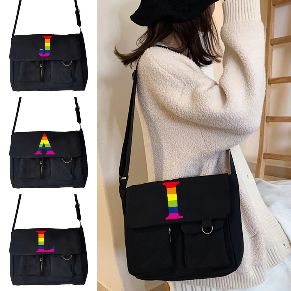

2024 Women Canvas Messenger Bags Casual Version Wild Shoulder Crossbody Bag Rainbow Print Postman Case Shopping Packet Organizer
