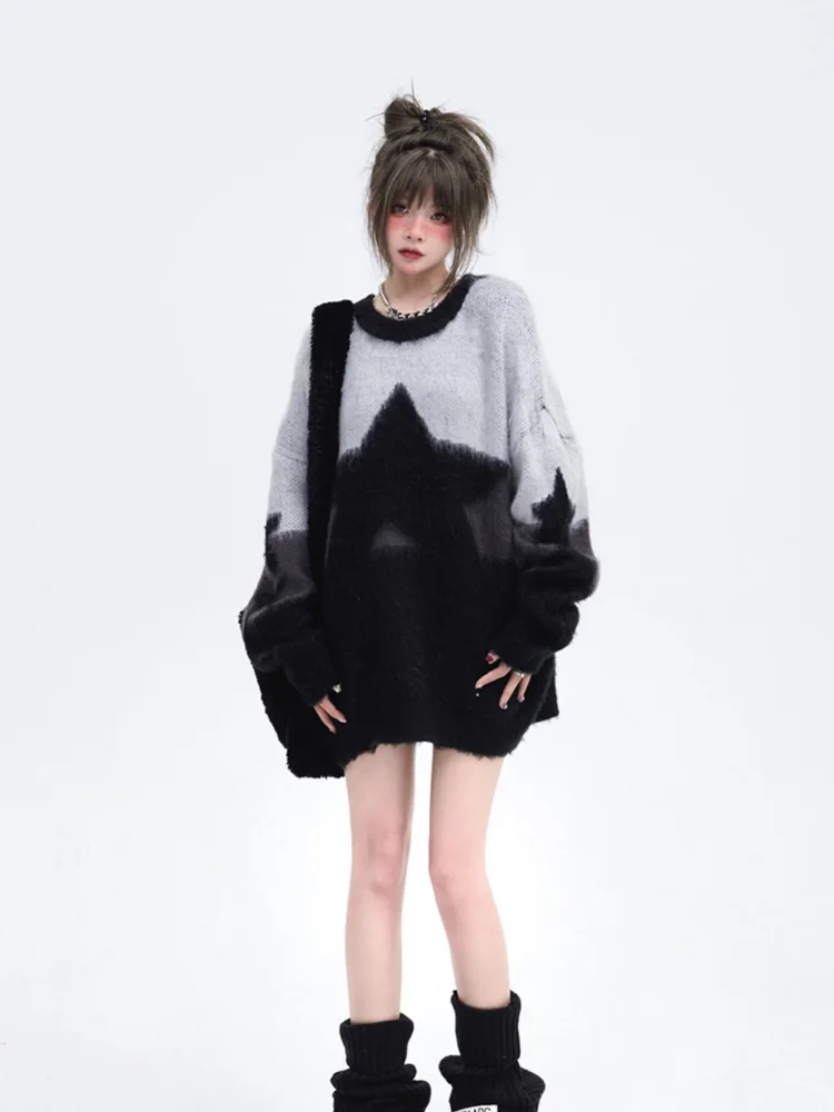 

JapaneseStar Embroidery Vintage Oversized Soft Sweaters Y2K Fashion Aesthetic Loose Pullovers Harajuku Grunge Casual Pull Jumper
