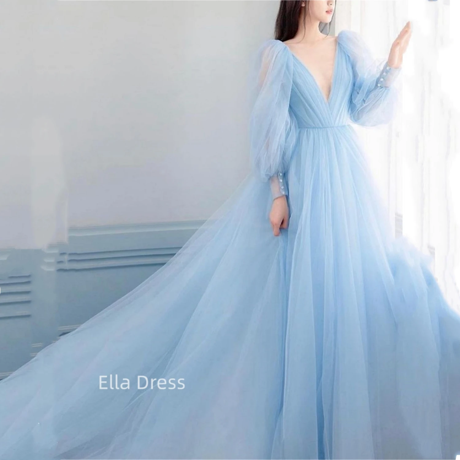 

Ella Light Sky Blue Ball Gown Puffy Tulle Floral Dress V Neck Elegant Women's Evening Gown Maxi Dress