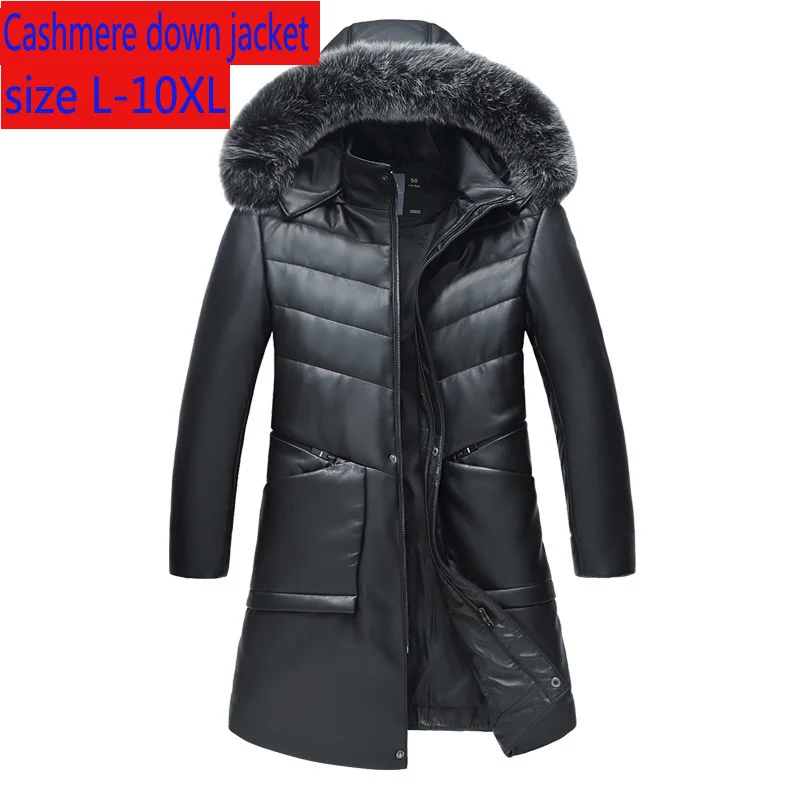 

Luxury New Super Quality Large High Winter Men Sheepskin Leather Down Coat Hooded Fox Collar Long Thick Plus Size L-11XL12XL13XL