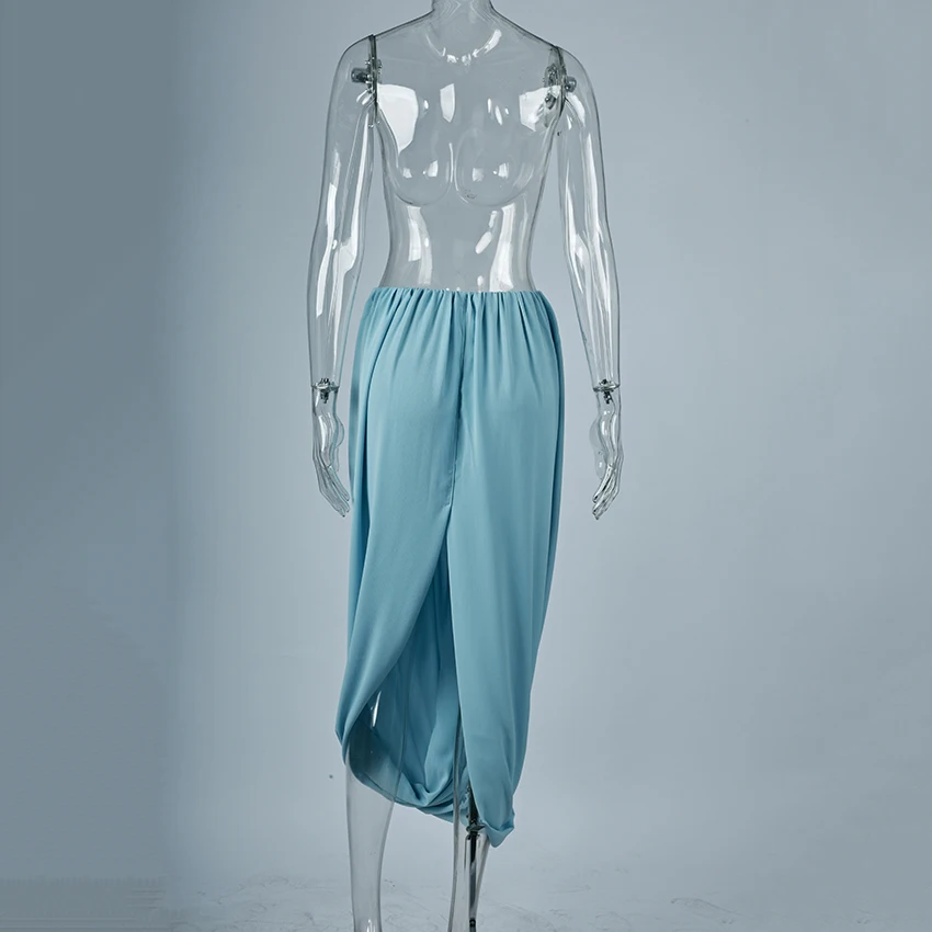 Linad Elegant Chiffon Blue Split Long Skirts Woman Casual Elastic Waist Straight Skirt Female Fall Street Chic Loose Skirts 2025