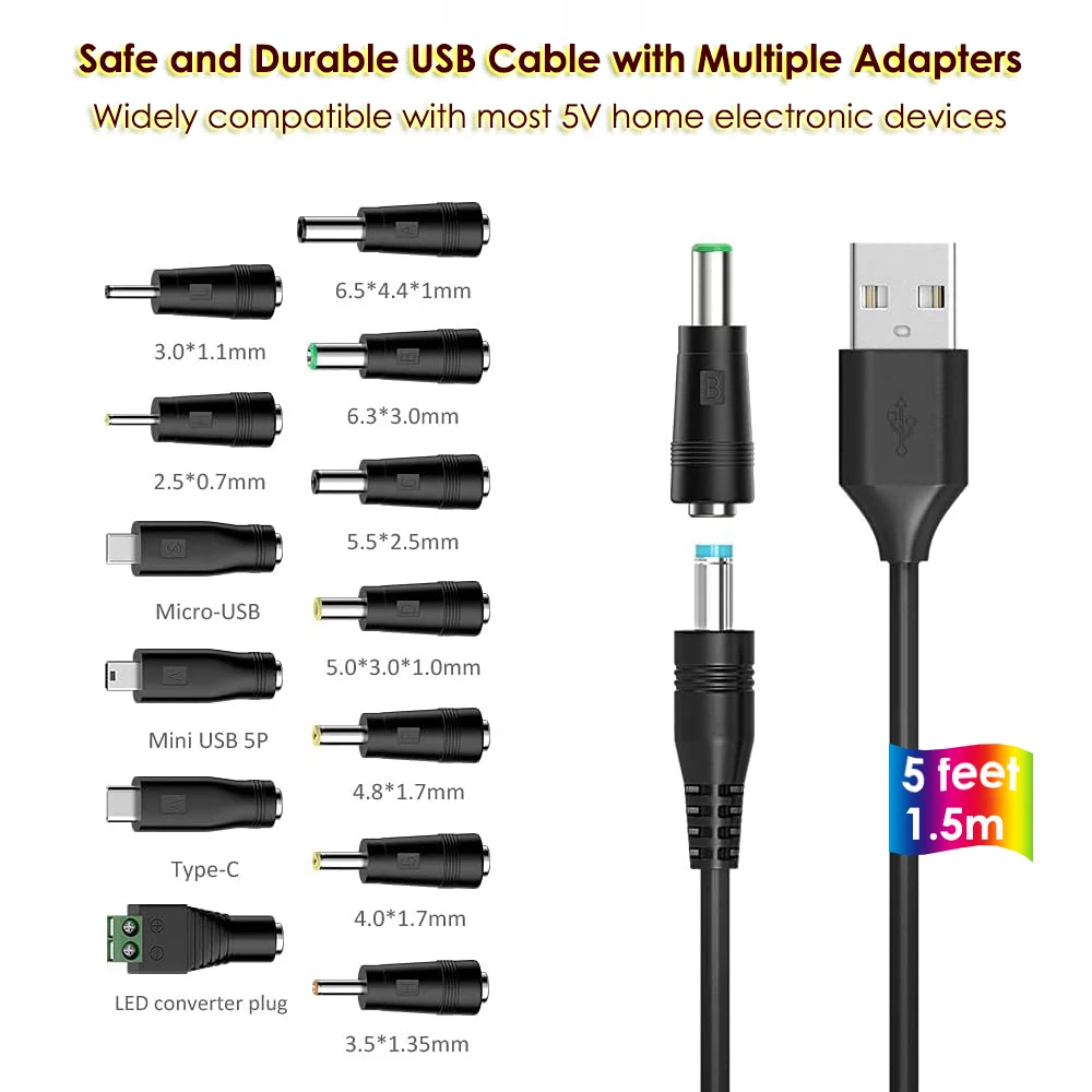 Universal USB Charging Cable with Versatile DC Plug Adapters, 1.5m/5ft