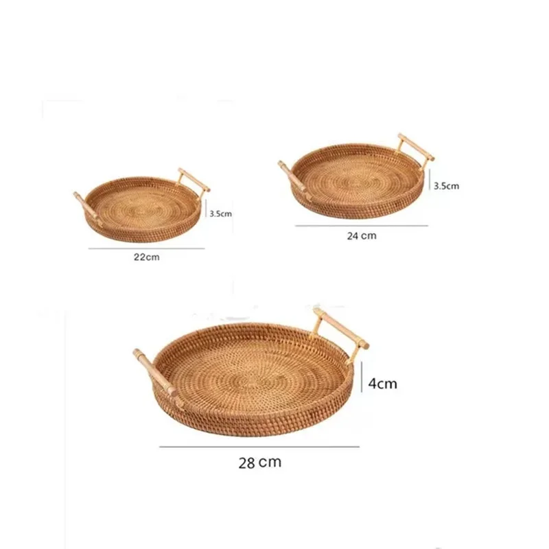 Handwoven Rattan Storage Tray with Wooden Handle Picnic Basket Bread Food Plate Snack Fruit Cake Platter Dinner Serving Tray New 5
