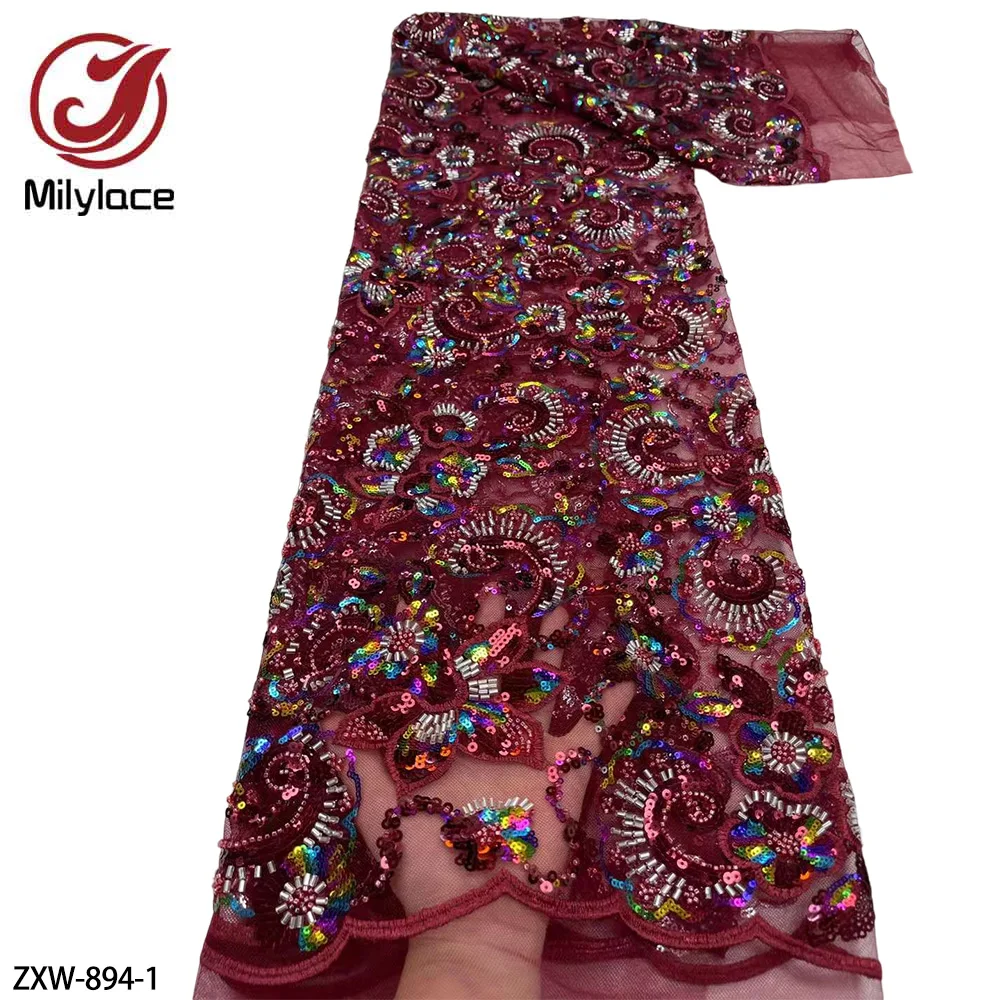 

Luxury Sequin Beaded Embroidery Lace Fabric Elegant French Net Lace Fabric for Wedding ZXW-894