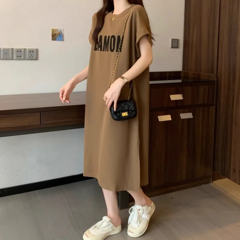Women's Loose Letter Print T-Shirt Dress Summer Casual Short Sleeve Midi Dress Oversized Streetwear Female Long Dress 2