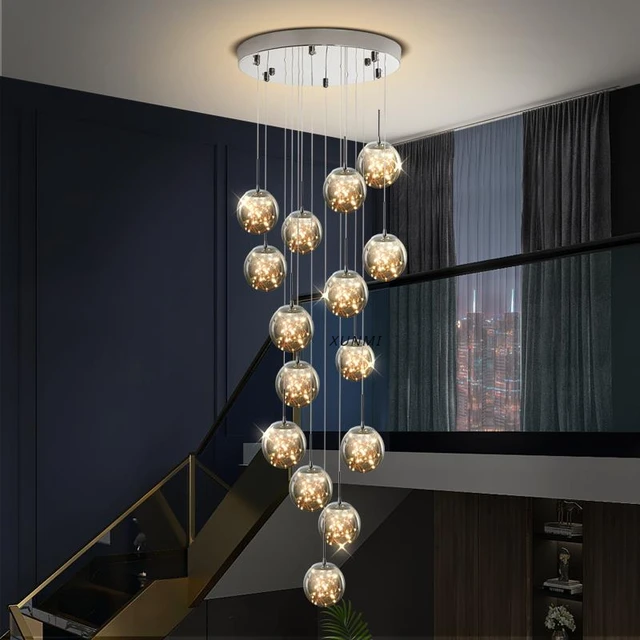 Lámpara de escalera de cielo estrellado, candelabro largo de diseño nórdico, luz de pasillo dúplex, luces colgantes creativas de lujo, salón de apartamento 2