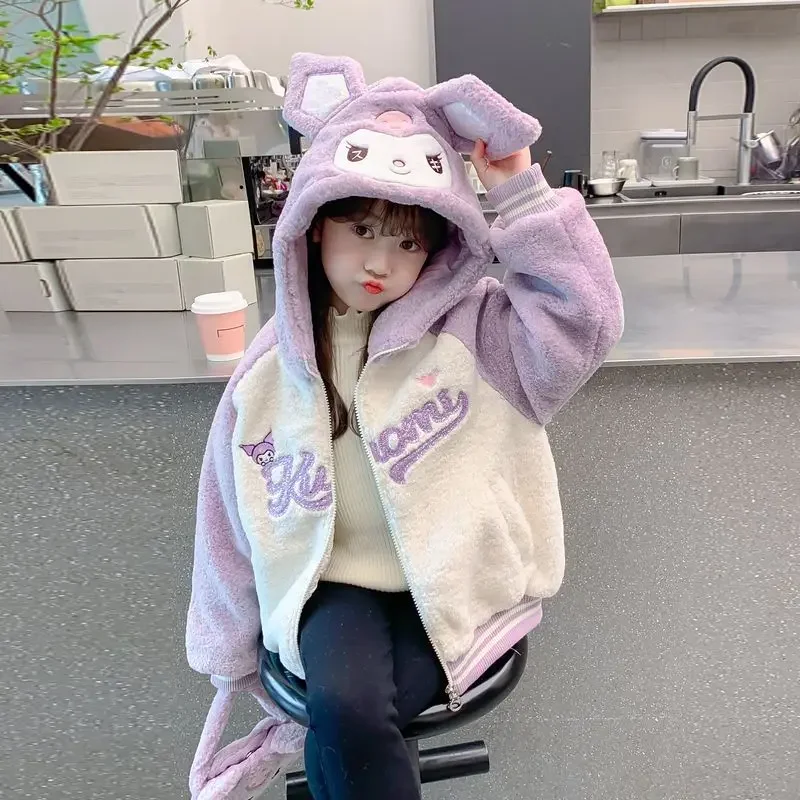 

Anime Sanrioed Kuromi Kids Clothing Girls Autumn Thickened Velvet Hood Jacket Coat Lamb Velvet Winter New Plush Coats Fashion