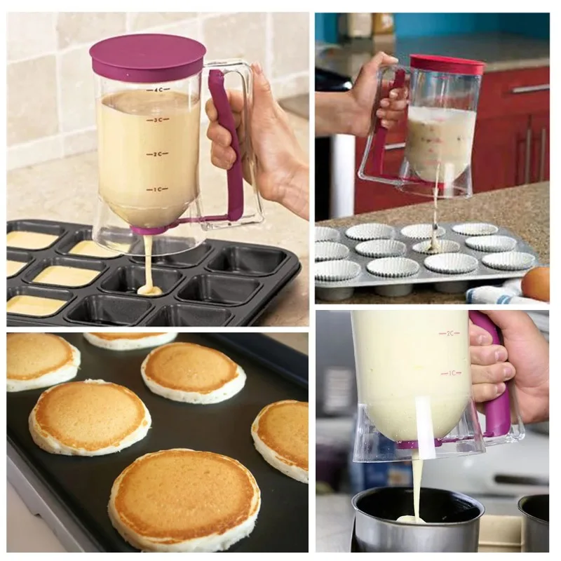 Batter Dispenser 900ml with Measuring Label and Squeeze Handle Bracket for Pancake Batter Cookie Cake Waffles