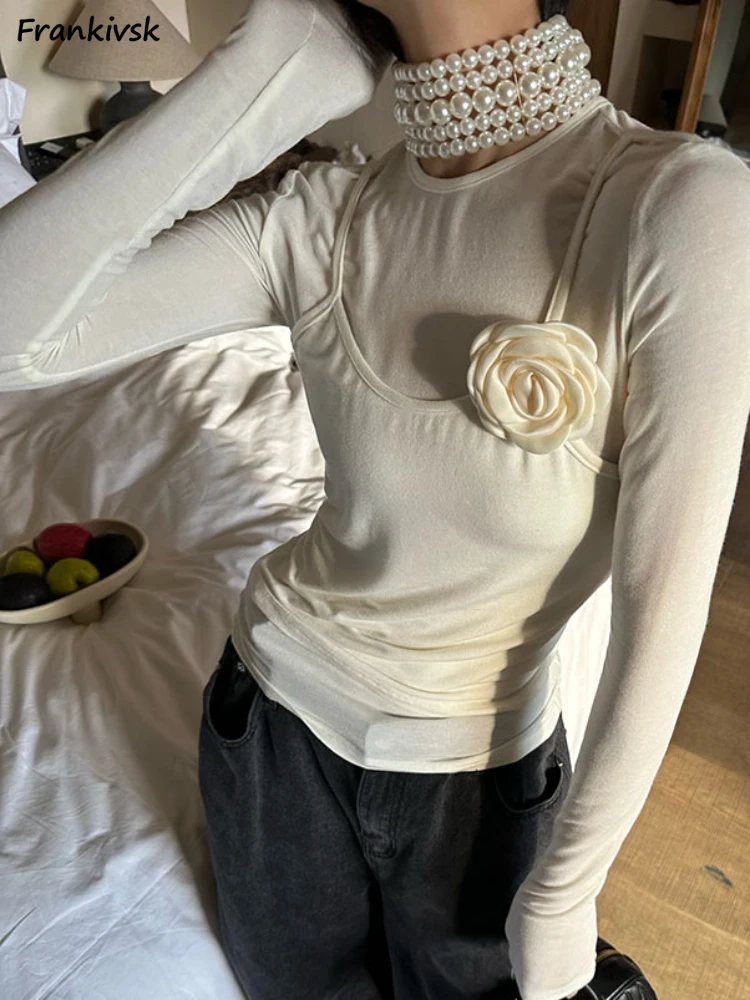 

Fake 2pcs T-shirts Women Long Sleeved Spring Vintage Rosy-patchwork Design Y2k High Street Hotsweet Tops Tees Slim College Ins