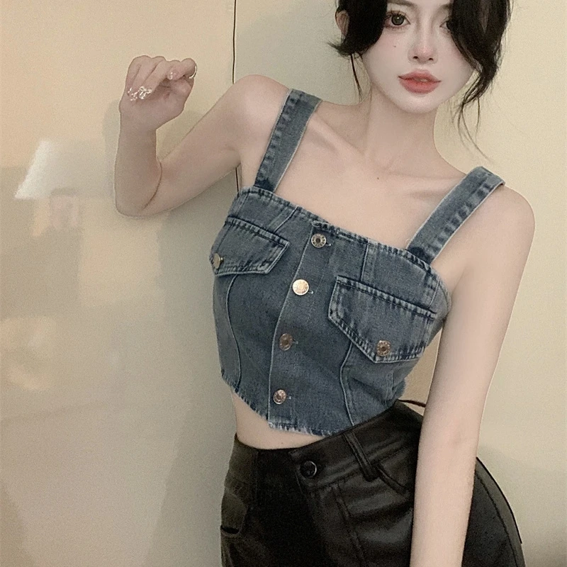 

Denim Leaky Back Tank Sling Tops Single Breasted Slim Fit Camis Women's Short Top Sexy Cropped Crop Top Summer New Korean Vest