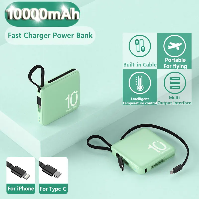 10000mAh Mini Power Bank Fast Charger External Auxiliary Battery Powerbank Built-in Cable Portable For iPhone 14 SamSung Xiaomi