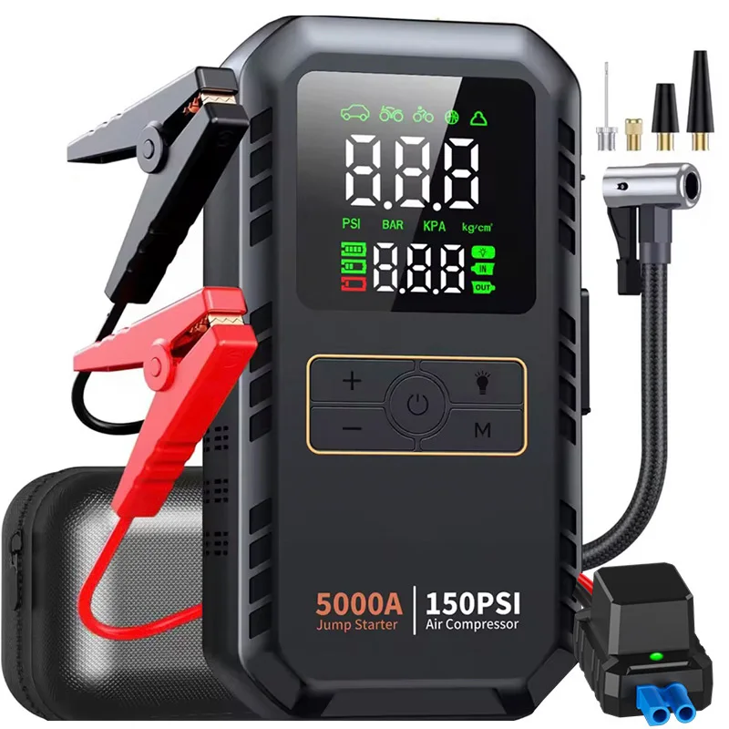 מתנע קפיצה לרכב 4-IN-1 עם מדחס אוויר פיק 5000A משפר סוללה אוטומטי 150PSI משאבת אוויר ניידת בנק כוח נפח צמיגים