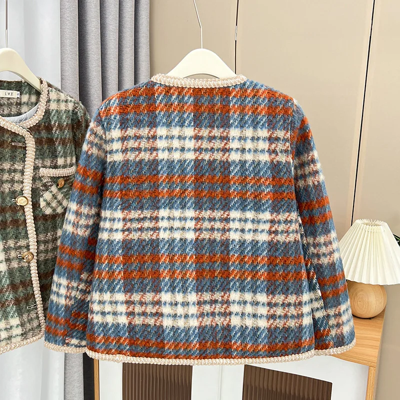 Womens Plus Size Woollen Jacket Autumn Casual Clothing Fashion Chic Plaid O-neck Outwear Curve Coats H5 8950