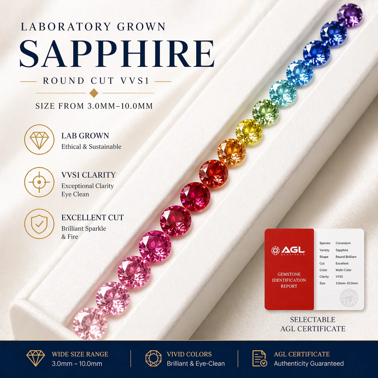 Labor-Edelstein, Saphir, runde Form, mehrere Farben, Edelstein, DIY-Halskette, Ohrringe, Hauptmaterialien, wählbares Zertifikat