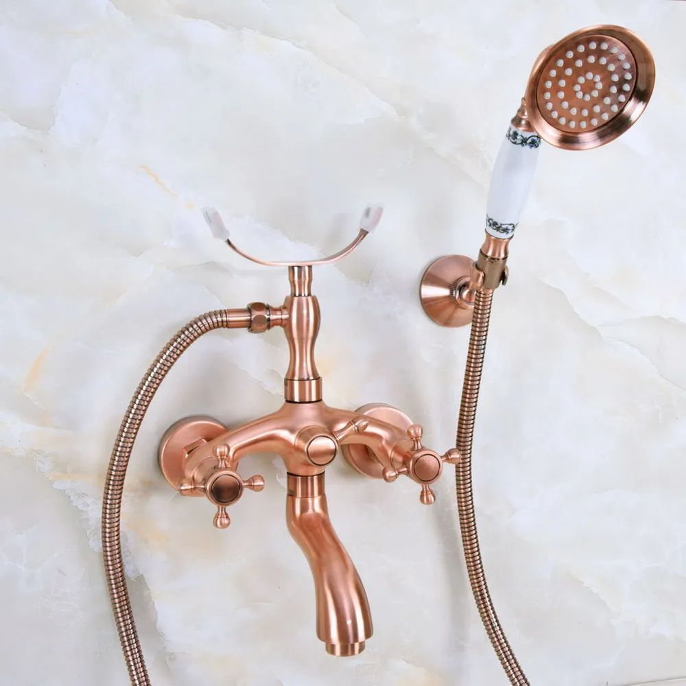 

Antique Red Copper Wall Mounted Bathroom Bath Tub Faucet Set WITH/ 150CM Handheld Shower Spray Head Mixer Tap Dna370