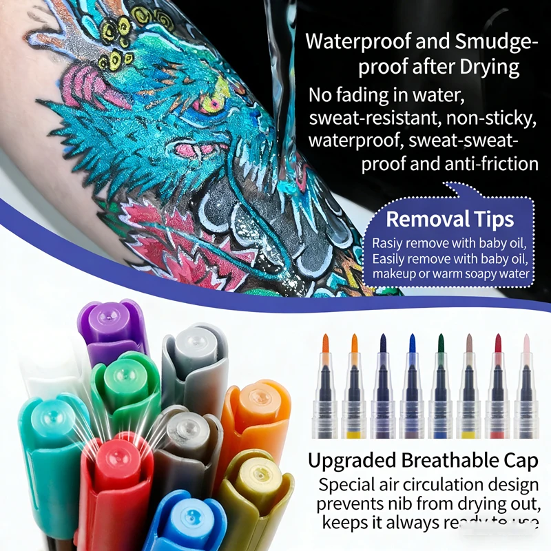 10가지 색상의 임시 타투 마커, 세척 가능하고 빠르게 건조, 테마 파티, 일상 예술, 선물 및 창의적인 문구류에 이상적
