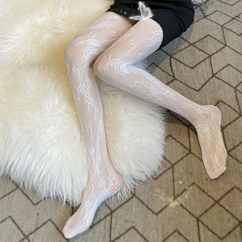 Women Lace Rattan Flower Sexy Stockings Black White Hollow Jacquard Fishnet Stockings Nylon Elastic Tights Pantyhose Underwear