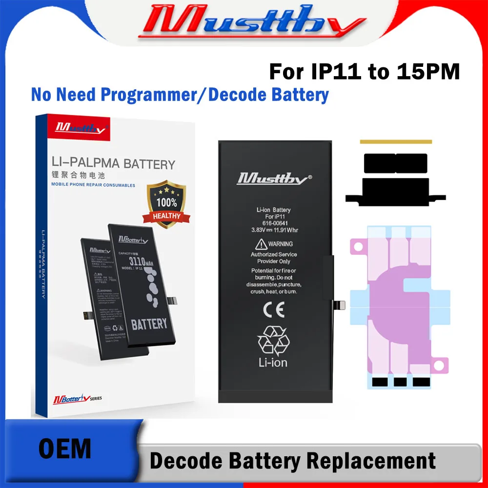 Musttby No BMS Soldering Battery For iPhone 14 13 12 11 Pro Max Phone Batteria No Need Programmer No Pop-up Shows 100% Capacity