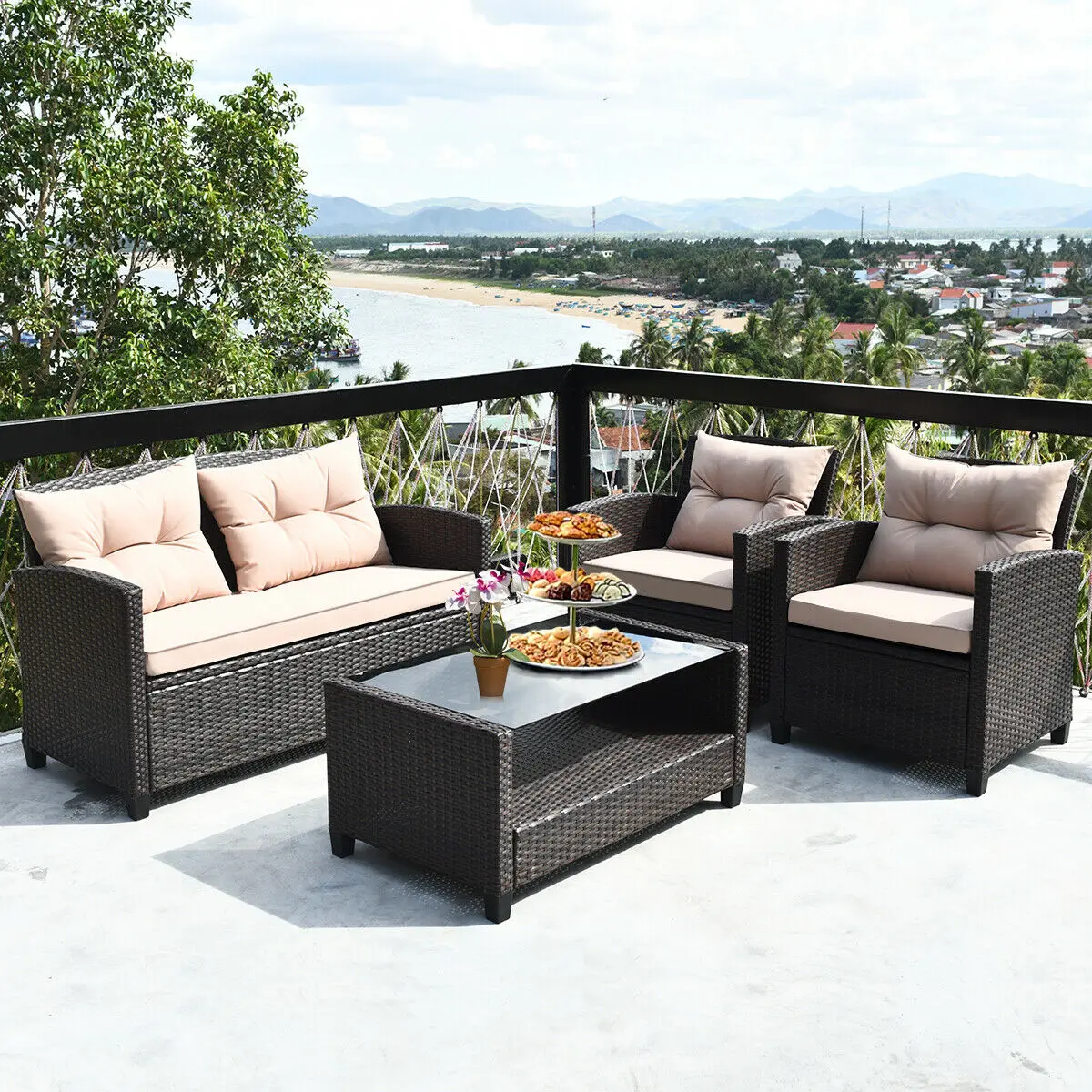 Patiojoy 4PCS Patio Rattan Furniture Set Cushioned Sofa ...