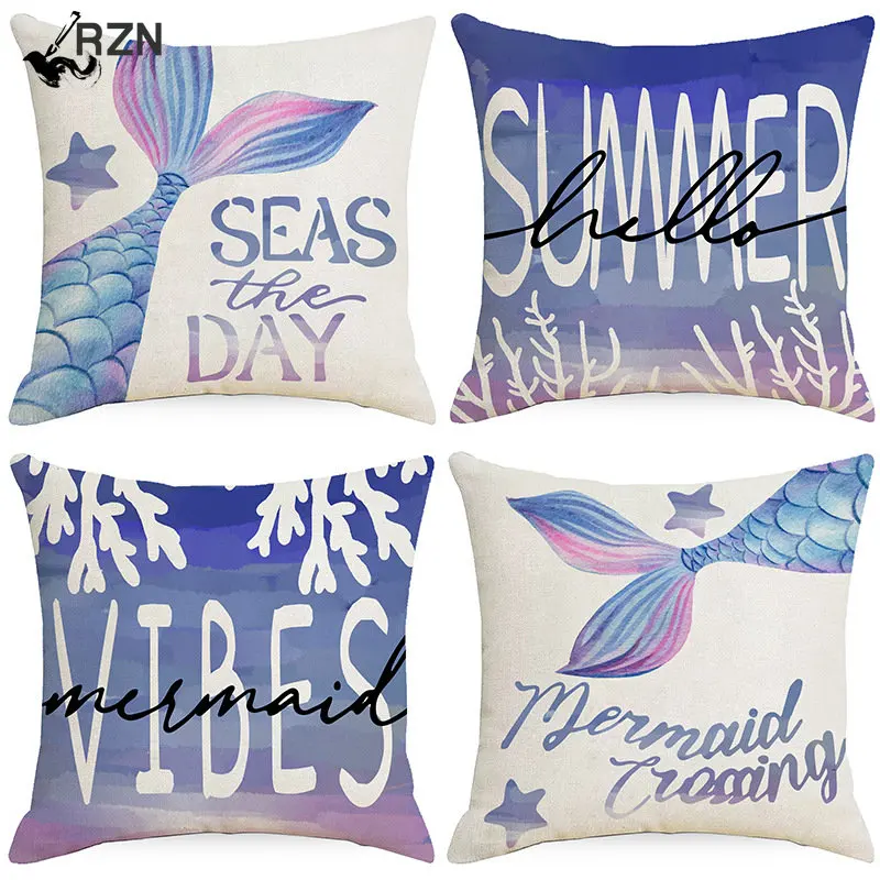 

45x45CM Purple Pillow Cushion Cover Summer Ocean Pillowcase Mermaid Print Sofa Cushion Throw Pillow Home Decor Pillowcase New