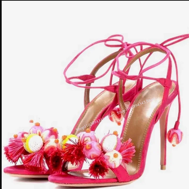 

Red Flower Hollow Lace Up Sandals Thin High Heel Peep Toe Fashion Sexy Novel Western Summer Woman Shoes Zapatillas Mujer