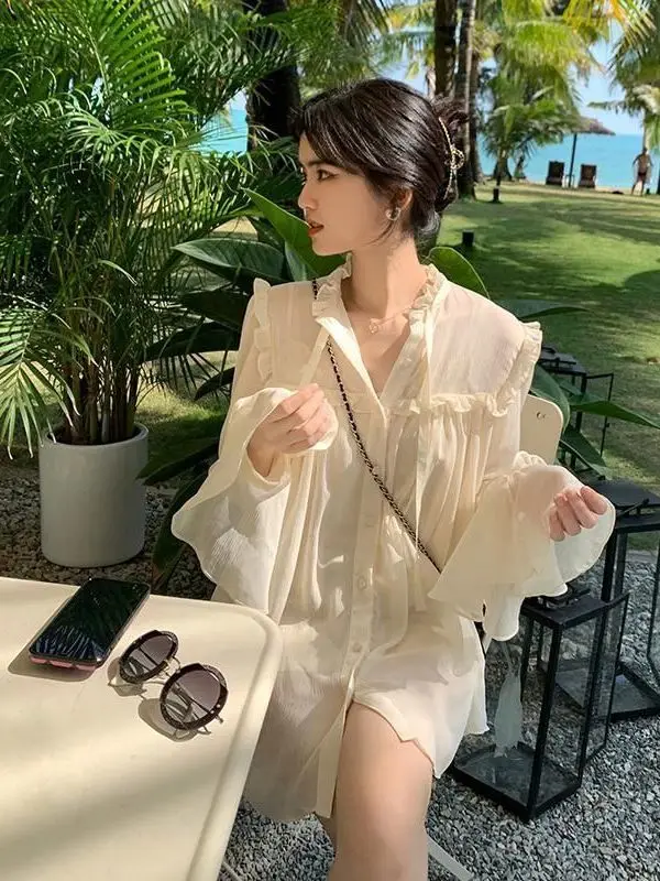 2026년 여름 여성용 쉬폰 셔츠 레이스 벨 슬리브 가벼운 페어리 분위기 자외선..