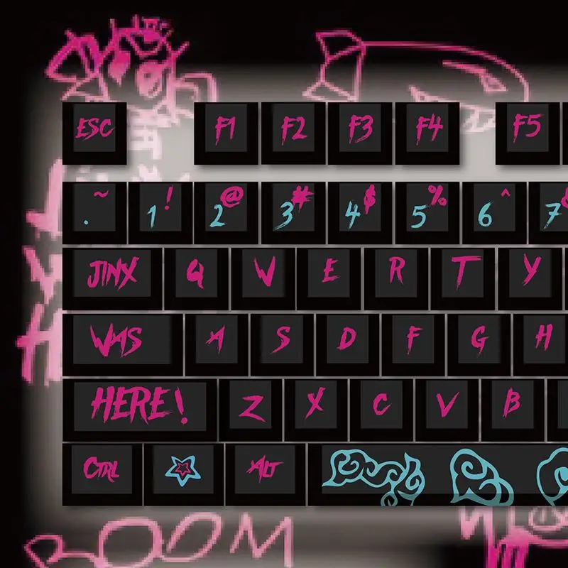 Lol Game Character Jinx Keycap Cereja Pbt 123 Chaves Teclado Mecânico Graffiti Cinco Lados Sublimação Térmica Diy - Imagem 5