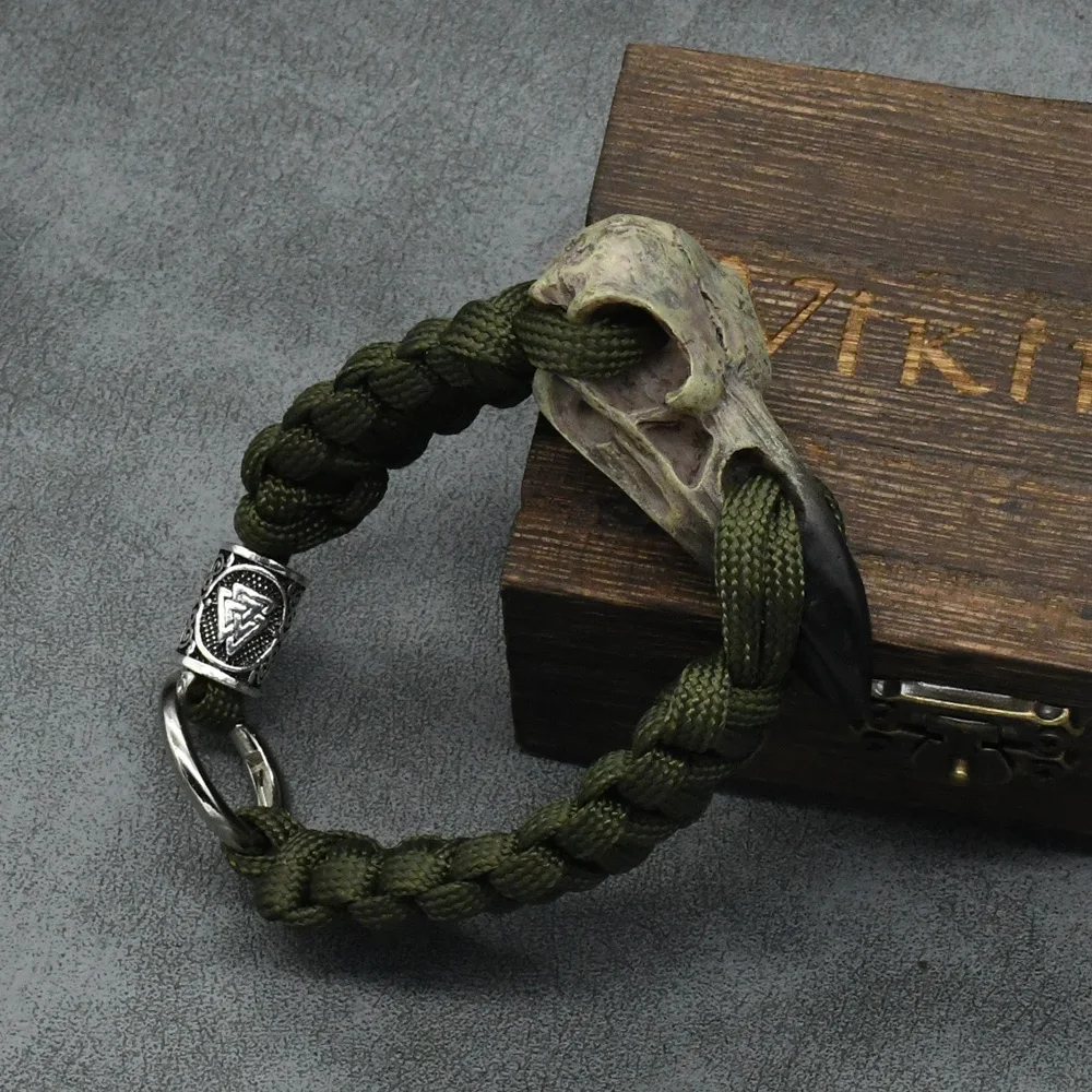 Punk Rock Odin Raven Skull Jewelry Viking Bracelet Runic Rune valknut Bead Paracord Crow Skeleton Bangle Accessories