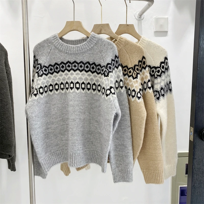 

O-Neck Women Sweater Autumn Winter Retro Pattern Wool Loose Raglan Sleeve Cashmere Knitted Pullover Brand Knitwear Jumper X491