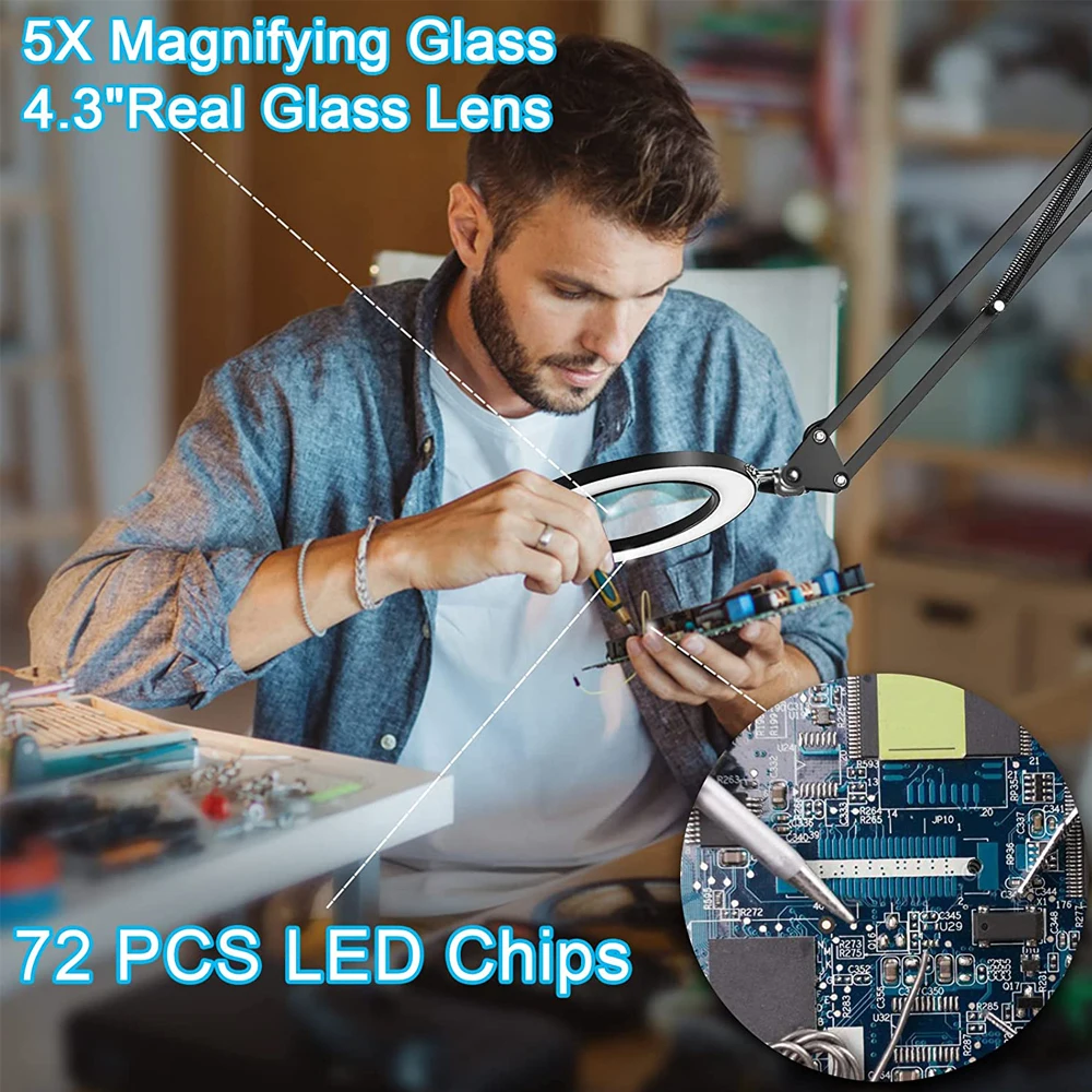 5X Magnifying Glass with Light 2-in-1 LED Lighted Magnifier 3 Color Modes Stepless Dimmable Hands Free Magnifying Desk Lamp 2