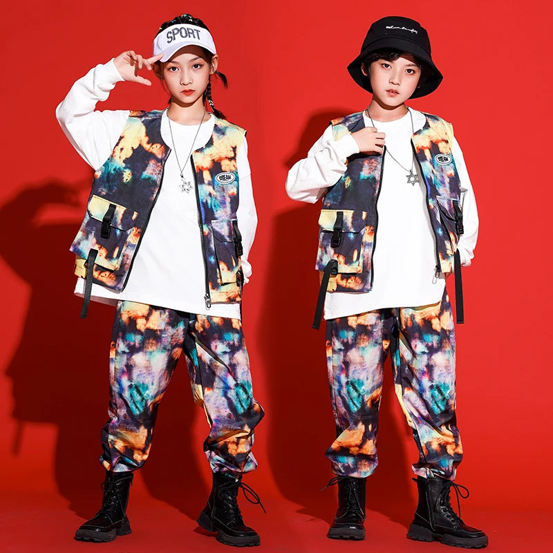 

Hip Hop Clothing Boys Girls Drum Jazz Dancing Stage Costume Kids Street Dance Costume Tie Dyed Vest Pants Long Sleeves