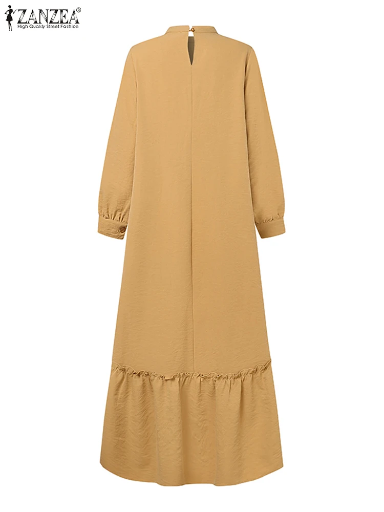 ZANZEA Women Muslim Dress Abaya Autumn Maxi Long Dress Kaftan Dubai Vestidos Robe Sleeve Solid Ruffles Hem Sundress