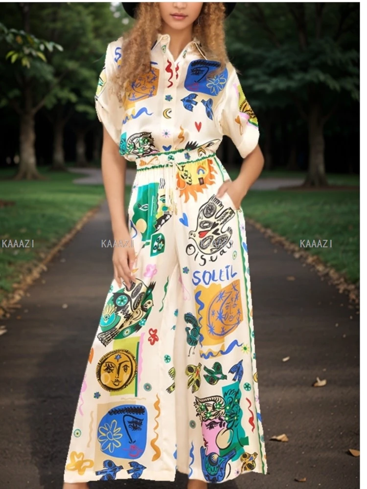 

Повседневные модные костюмы поло с принтом, Женская атласная блузка с коротким рукавом, рубашка, топы, брюки, женские комплекты из 2 предметов, наряды, новая одежда для отдыха