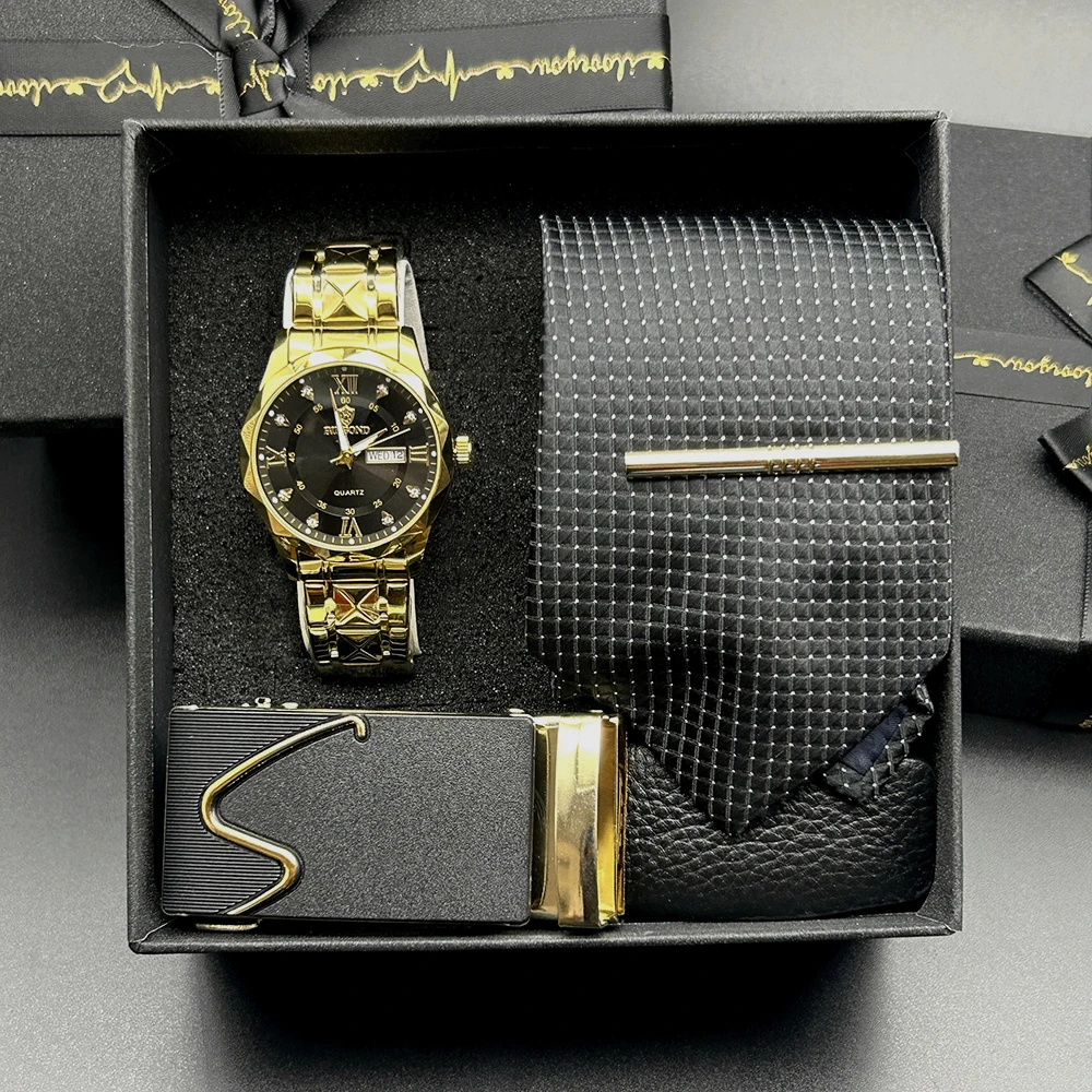 3Pcs Top Brand Luxury Fashion Watch Men Waterproof Week Date Clock Sport Watch Men Quartz Wristwatch With Leather Belt +tie+Box