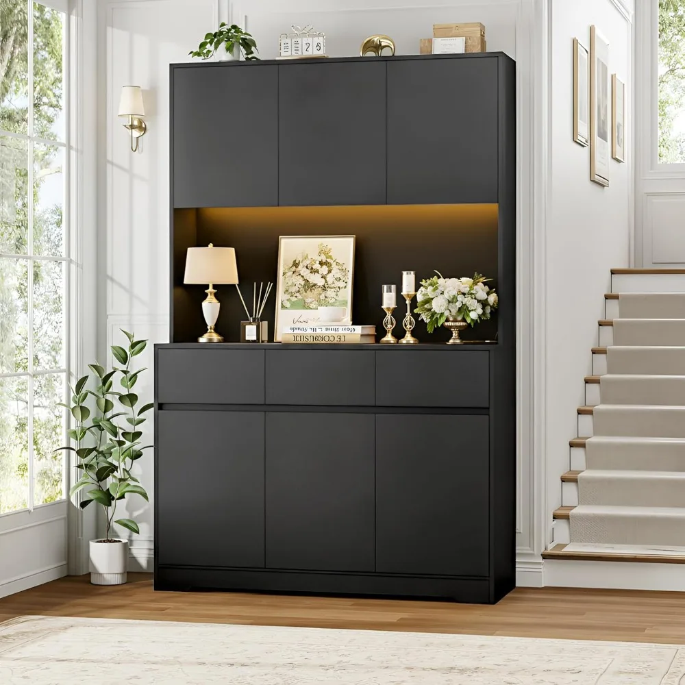 Large Kitchen Pantry Cabinet with Power Outlets, LED Lights, and Microwave Stand, Black Tall Storage Hutch