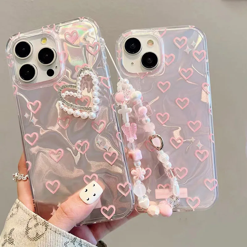 Elegant Trendy Love Heart Pearl 3D Chain Phone Case