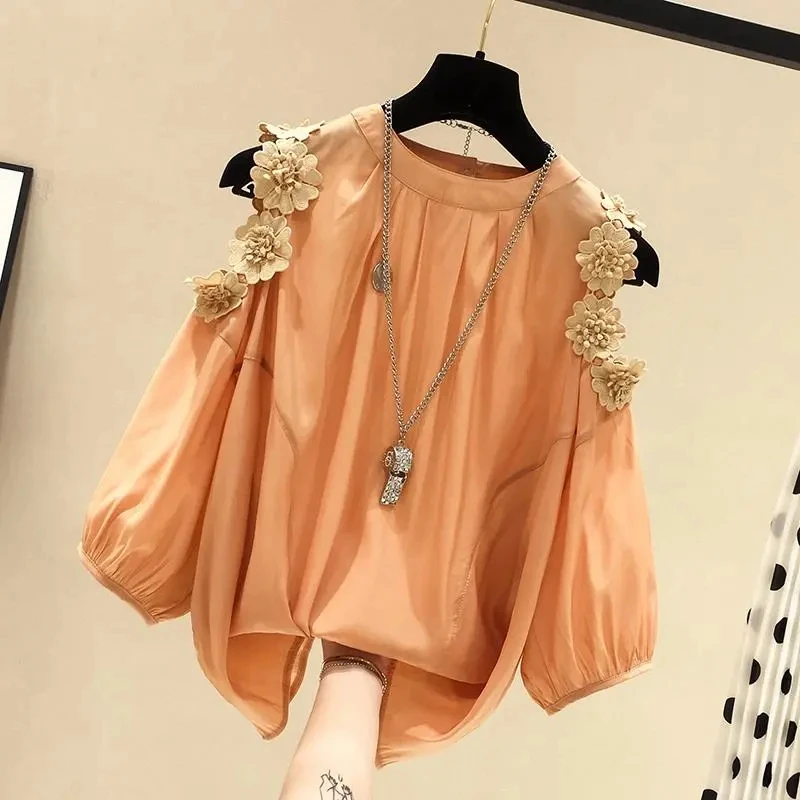 Orange Flower Three-dimensional Decoration Raglan Sleeve O-Neck Pullover Women's Blouse Shirt Female Clothing Tops Fashion 2024 1