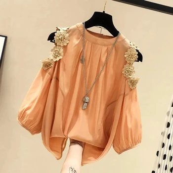 Orange Flower Three-dimensional Decoration Raglan Sleeve O-Neck Pullover Women's Blouse Shirt Female Clothing Tops Fashion 2024 1