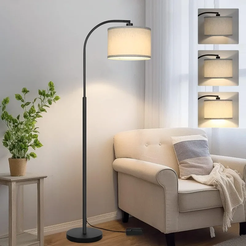 Modern Floor Lamp for Living Room, Arc Floor Lamp with Adjustable Hanging Shade, Black Arched Light with Dimmable Pedal Switch