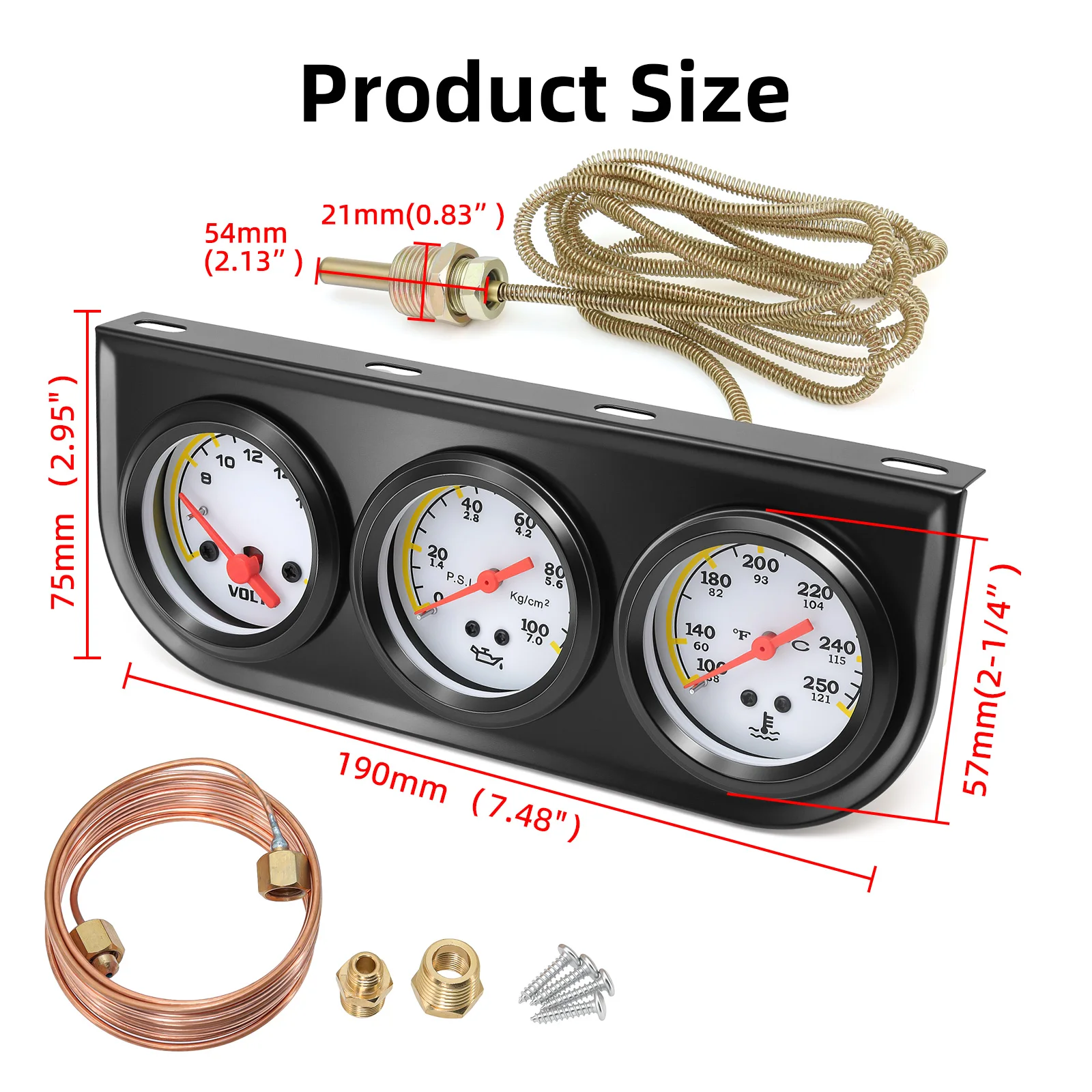 3 in 1 수온계 52MM 오일 압력계 전압계(8-16V) 12V 키트 자동차 기계식 트리플 게이지(센서 21MM 포함)