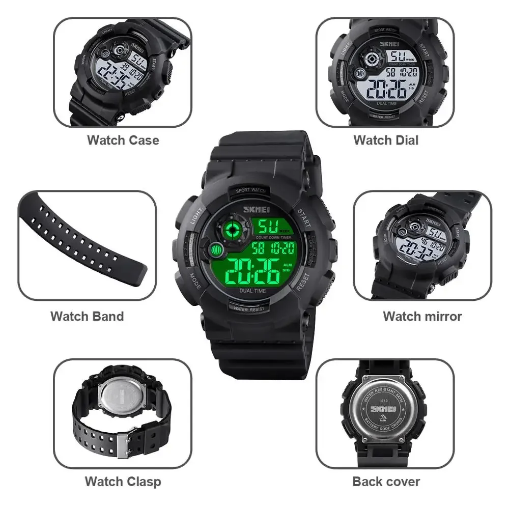 SKMEI 1583 Sports Mens Electronic Wristwatches Military Waterproof Digital Watch for Men Shockproof Clock 1637 Reloj Masculino