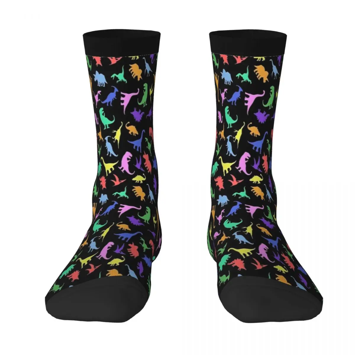 Calcetines largos hasta la rodilla con estampado de dinosaurio divertido (fondo negro) para hombre, calcetines para parejas, calcetines de estilo hip hop con personalidad para patinetas