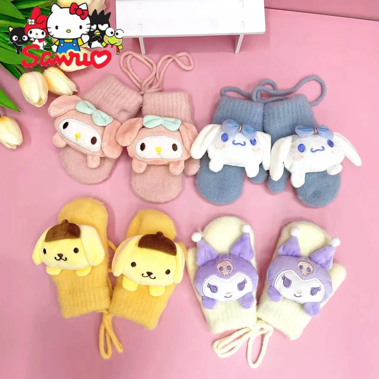 Sanrio Kuromi Melody Children's Warm Plush Gloves Cinnamoroll Pochacco Anti-Cold Japanese Cartoon Doll Thickened Finger Gloves