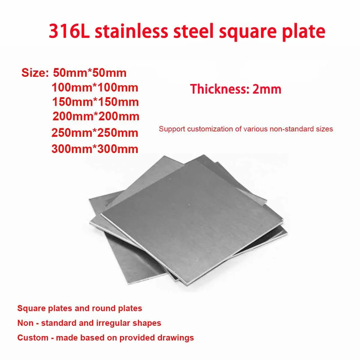 316L-Edelstahlblech, 2 mm Dicke, 50 x 50, 100 x 100, 150 x 150, 200 x 200 mm, quadratische Platte – Detail 1