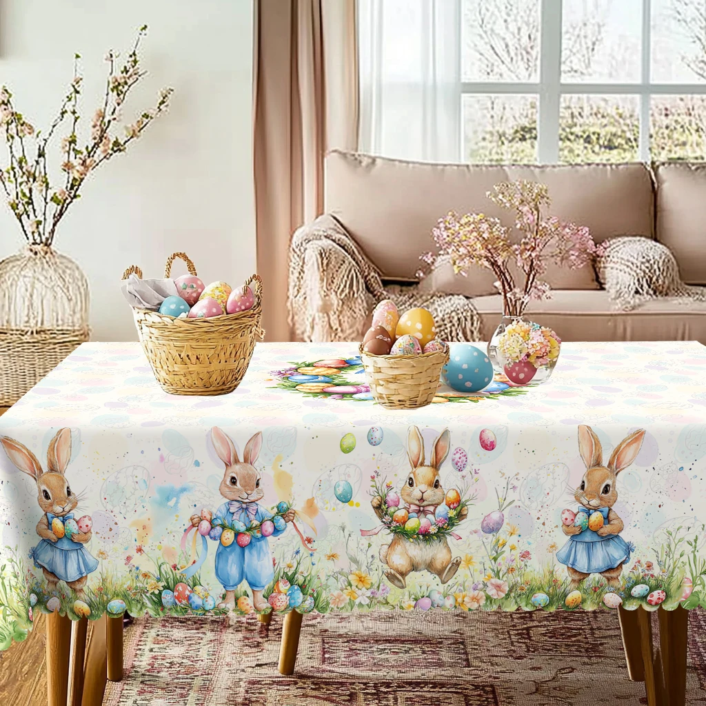 1 Piece Easter Egg Rabbit Round Tablecloth, 5 Sizes Available, Easter Egg Print Square Decorative Tablecloth, Edge Embossing Craft, Easter Spring Garden Tablecloth Decoration, Tablecloth for Daily Home Kitchen, Terrace Use, Easter Decoration 3
