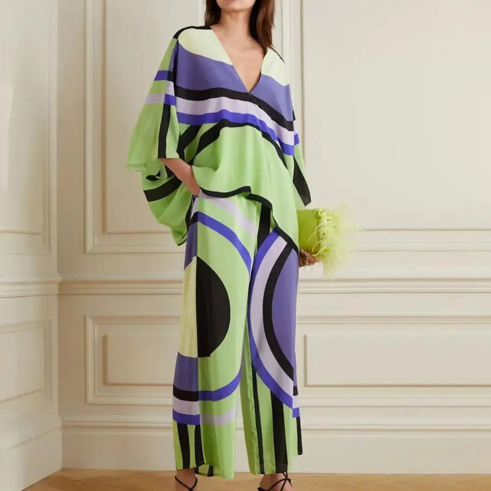 2 Pieces/set Women's Tops And Pants Suit V-neck Printed Dolman Sleeves Side Pockets Wide-leg Stage Performance Clothing