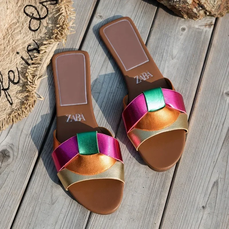 Fashionable Color Design Flat Bottom Women's Slippers 2025 Summer New Style Braided Comfortable Casual Slippers for Women 2
